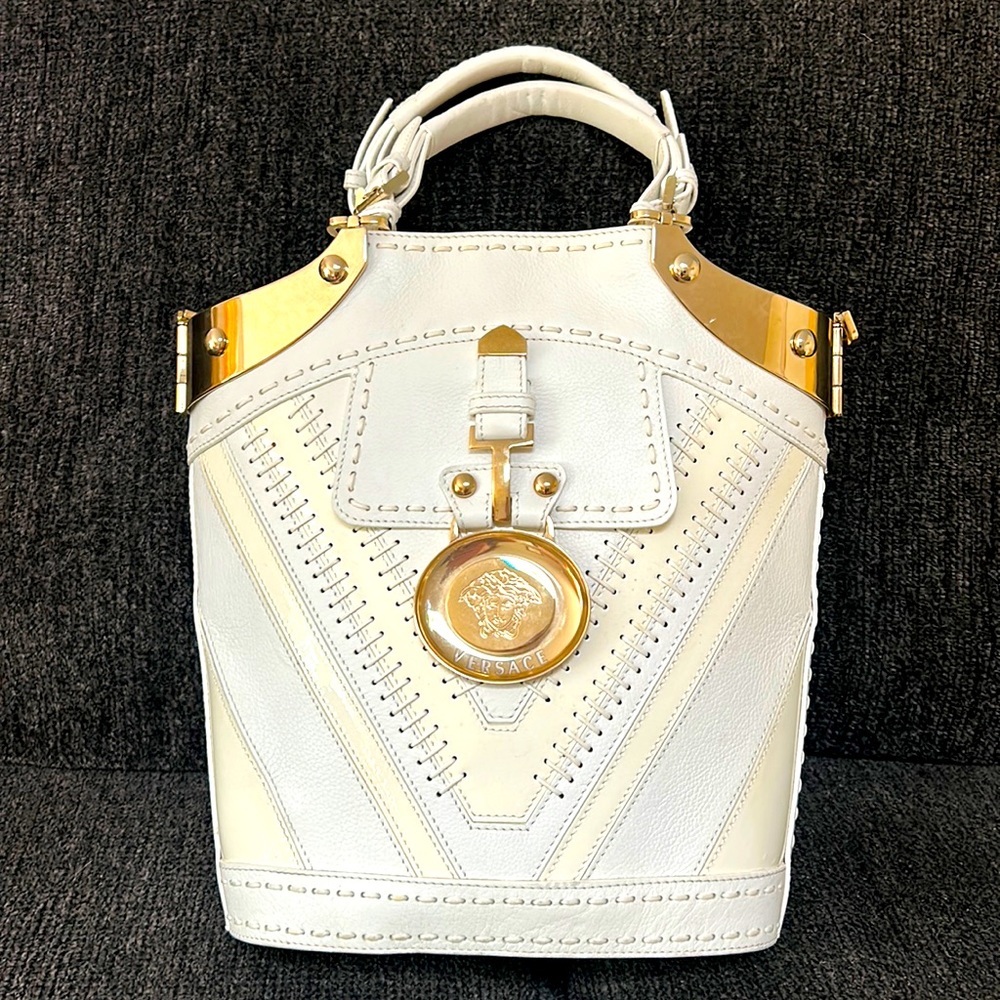 Versace White Leather Satchel with Gold Hardware